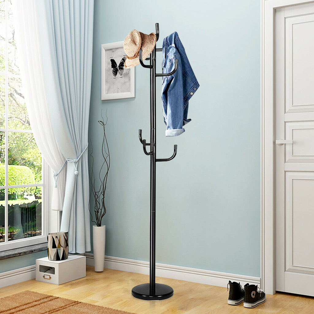 Black freestanding metal coat rack stand with 8 hooks and a round base for entryways