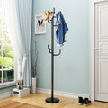 Black freestanding metal coat rack stand with 8 hooks and a round base for entryways