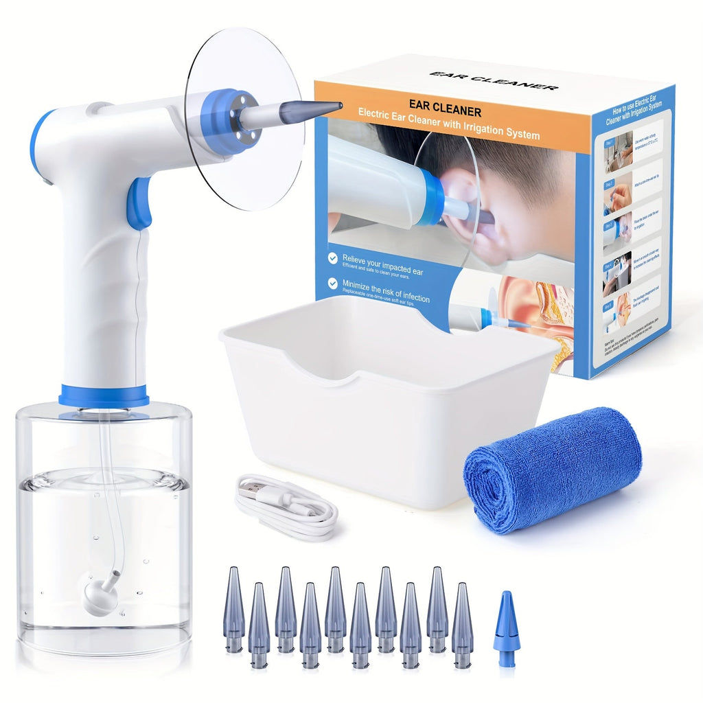 Electric hydraulic ear irrigation system kit in sky blue with ten interchangeable nozzles and catch basin