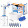 Electric hydraulic ear irrigation system kit in sky blue with ten interchangeable nozzles and catch basin
