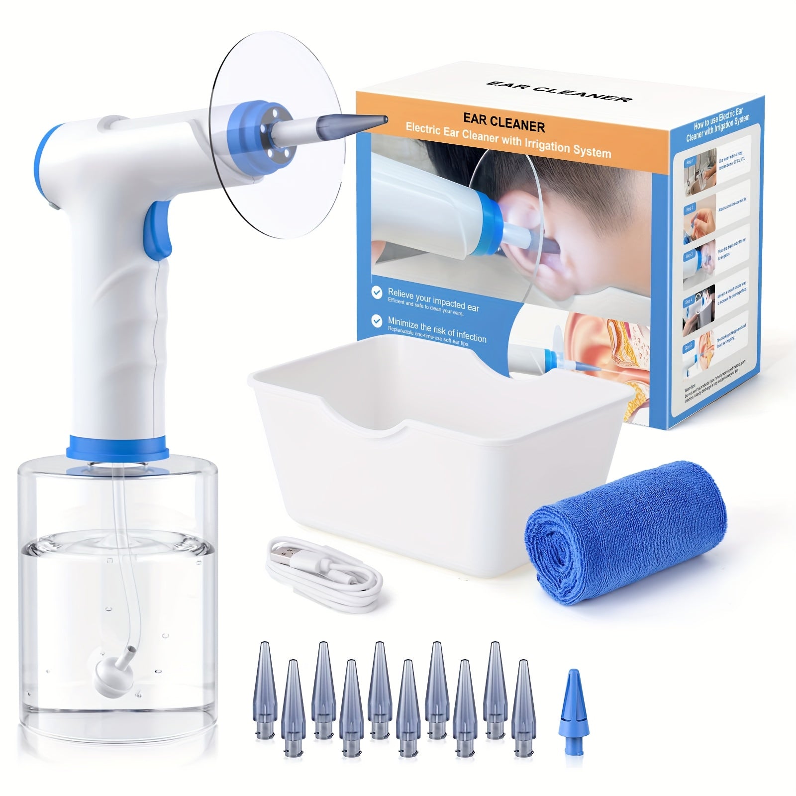 Electric hydraulic ear irrigation system kit in sky blue with ten interchangeable nozzles and catch basin