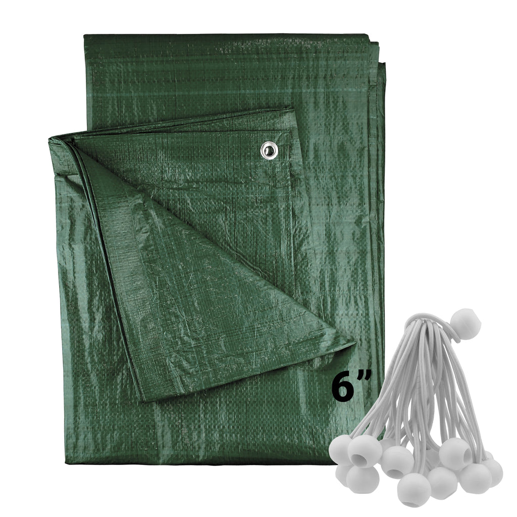 Green waterproof tarpaulin with aluminium eyelets alongside twenty white elastic bungee ball securing ties