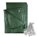 Green waterproof tarpaulin with aluminium eyelets alongside twenty white elastic bungee ball securing ties