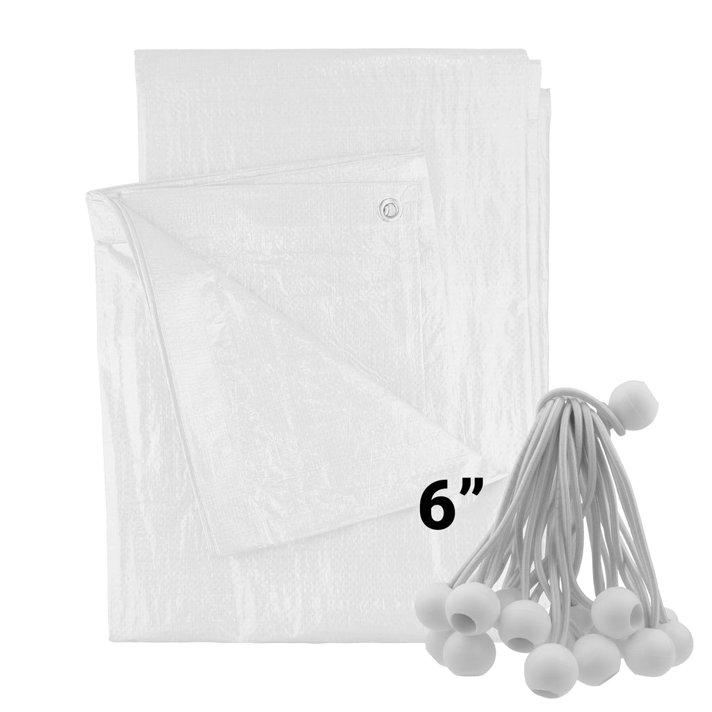 White waterproof polyethylene tarpaulin with silver eyelets and twenty bungee ball tie down fixing cords