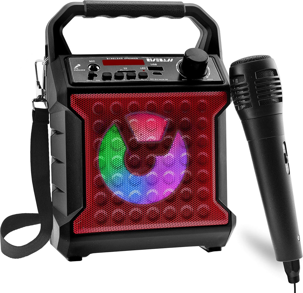 Kids portable wireless karaoke machine and wired microphone with colorful LED lights and carrying strap. — view 2