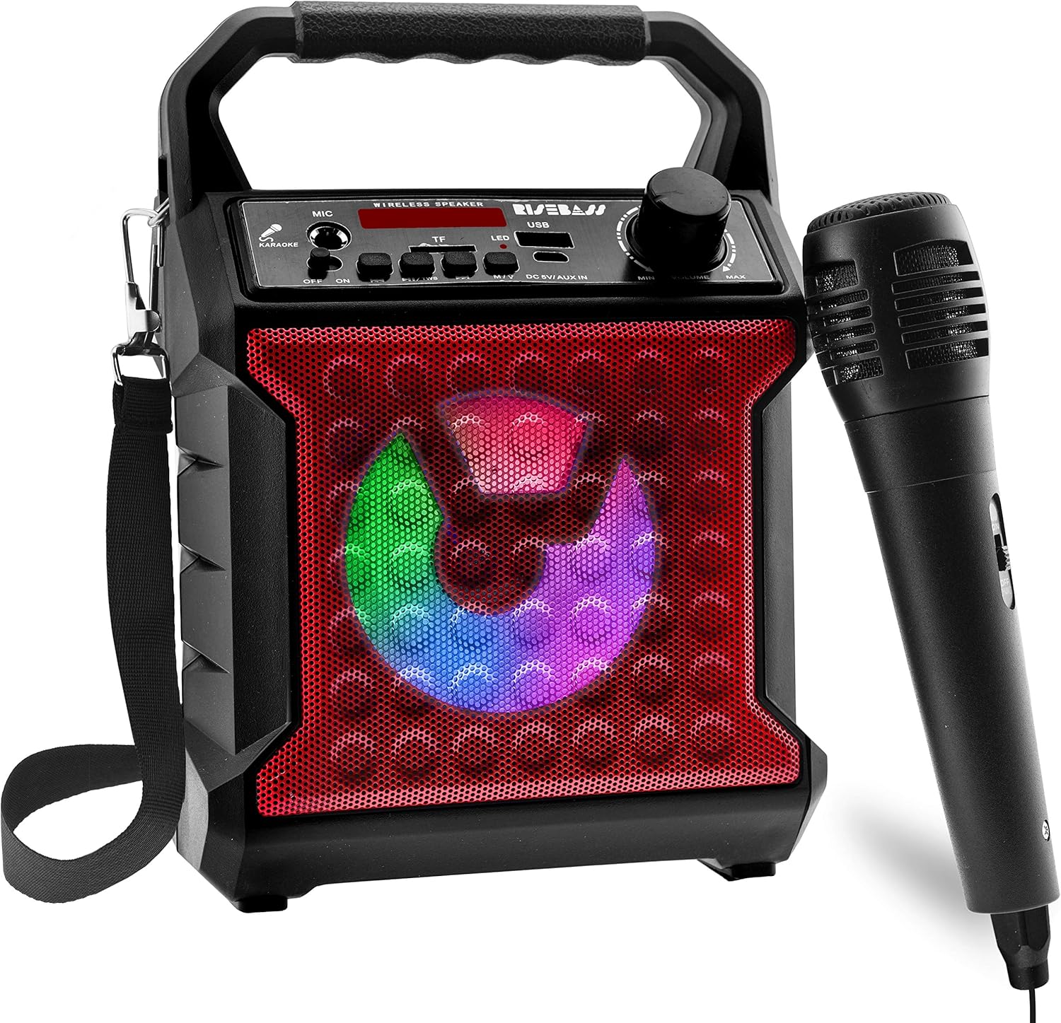 Kids portable wireless karaoke machine and wired microphone with colorful LED lights and carrying strap. — view 2
