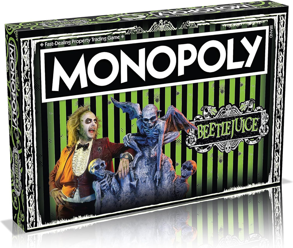 Monopoly Beetlejuice board game box featuring iconic green theme character illustrations and custom playing pieces