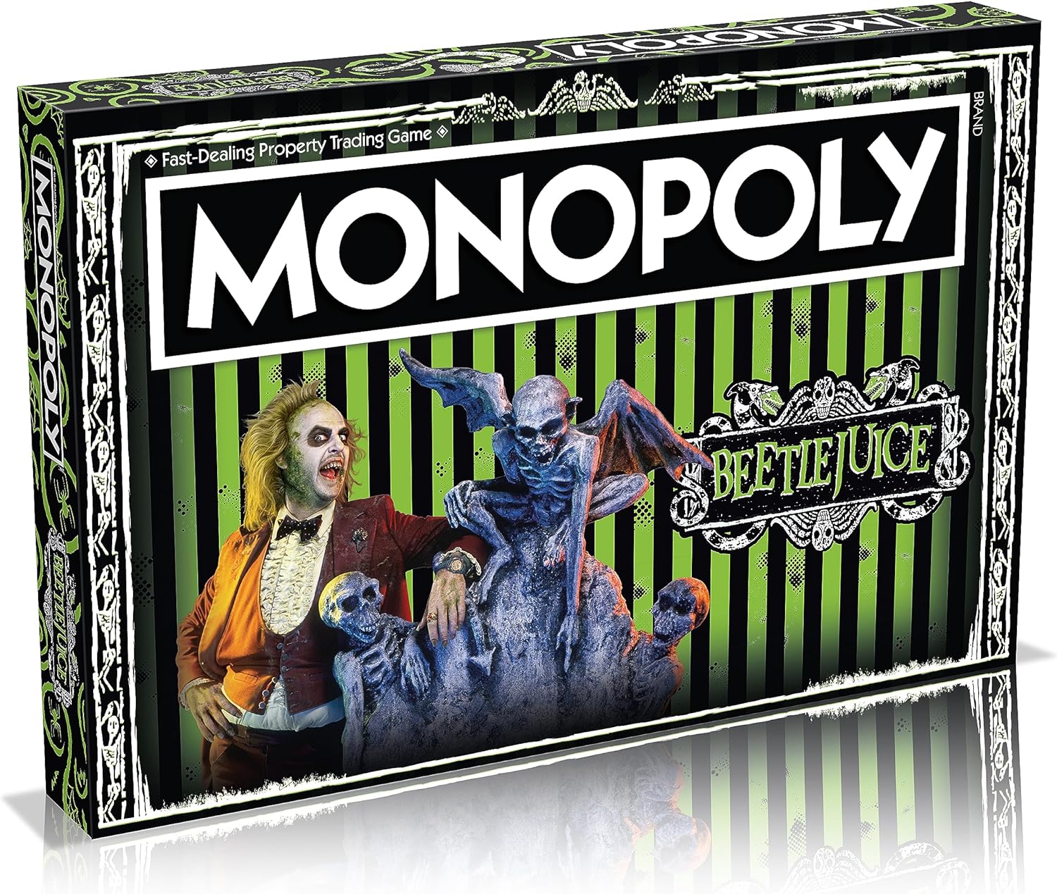 Monopoly Beetlejuice board game box featuring iconic green theme character illustrations and custom playing pieces