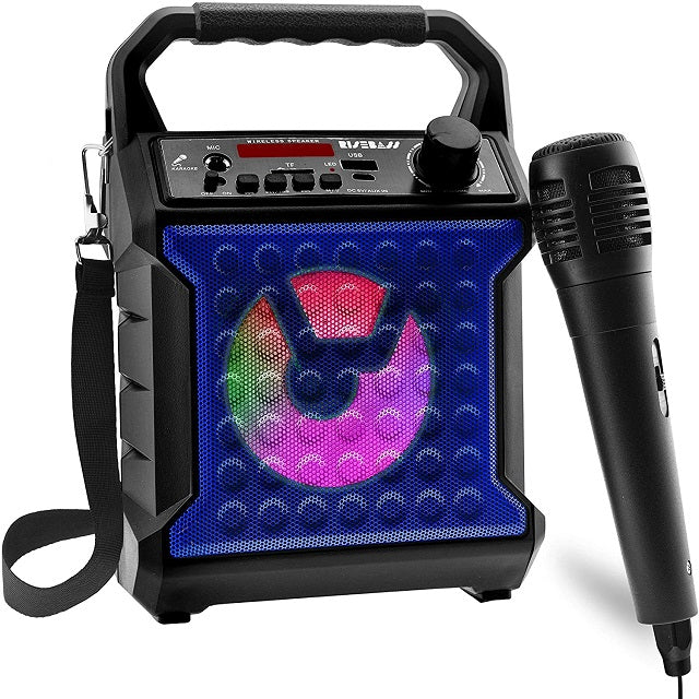 Kids portable wireless karaoke machine and wired microphone with colorful LED lights and carrying strap.