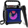 Kids portable wireless karaoke machine and wired microphone with colorful LED lights and carrying strap.