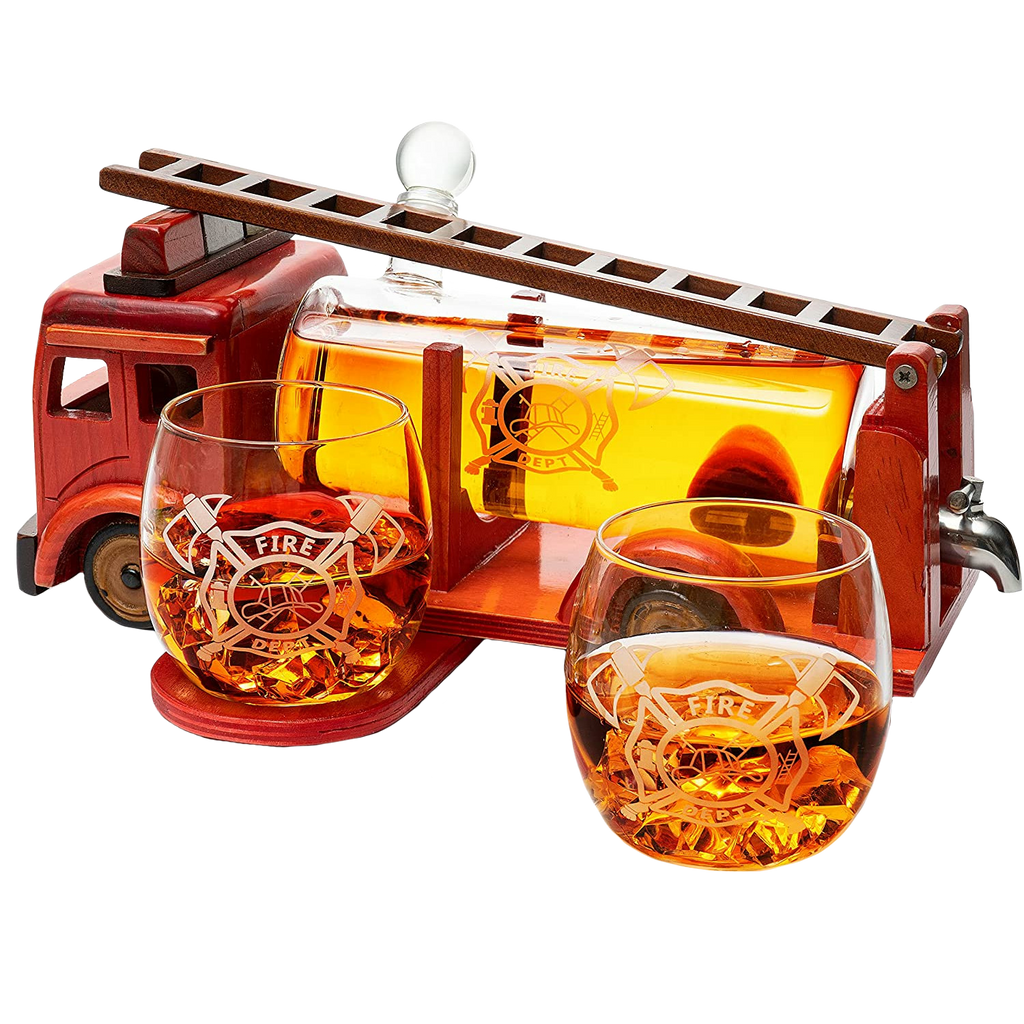 Hand-blown glass firetruck whiskey decanter set with two etched fire department glasses