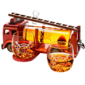 Hand-blown glass firetruck whiskey decanter set with two etched fire department glasses