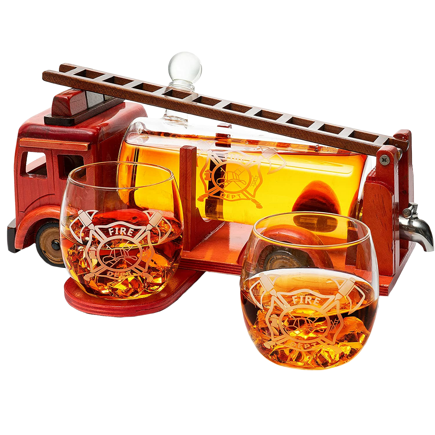 Hand-blown glass firetruck whiskey decanter set with two etched fire department glasses