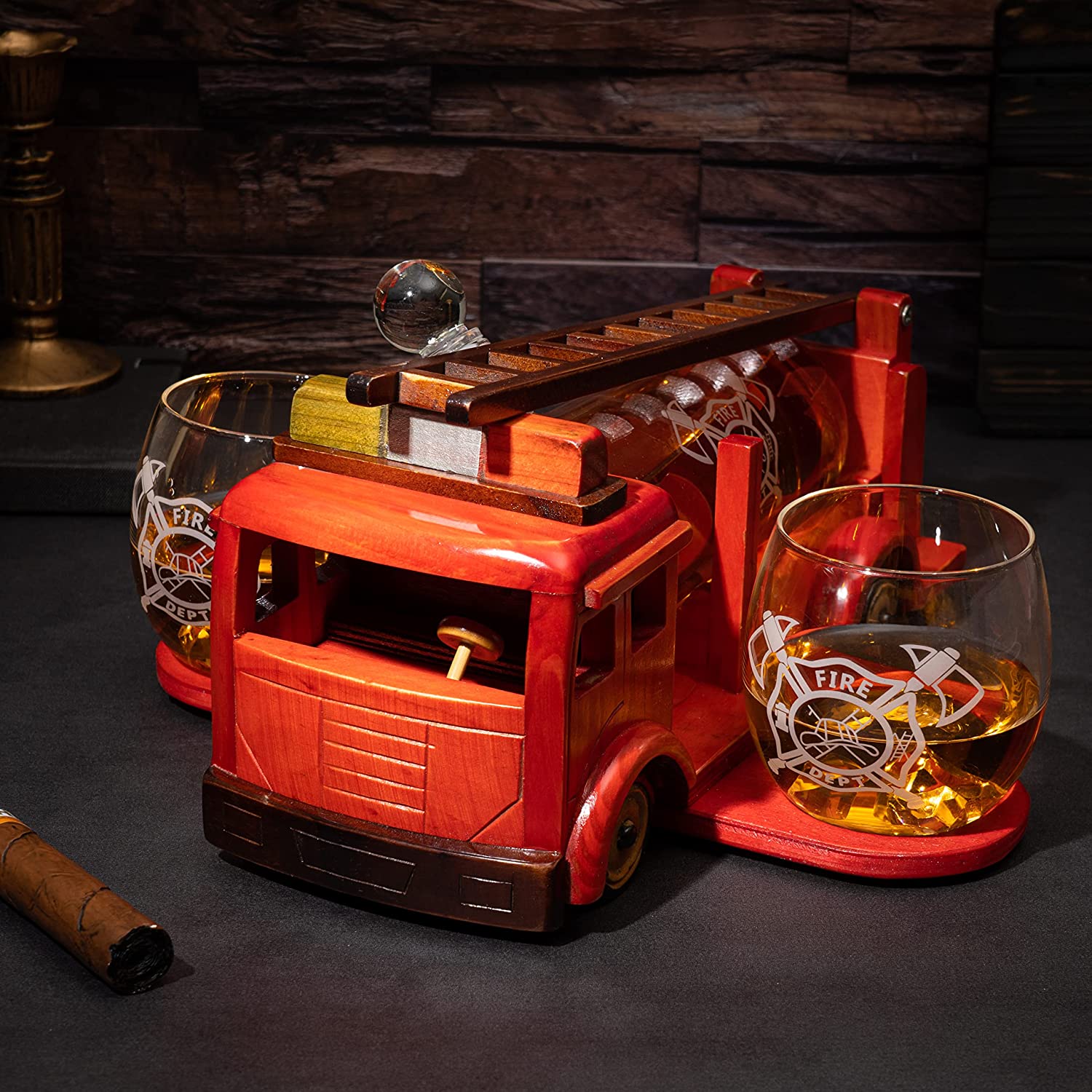 Hand-blown glass firetruck whiskey decanter set with two etched fire department glasses — view 4