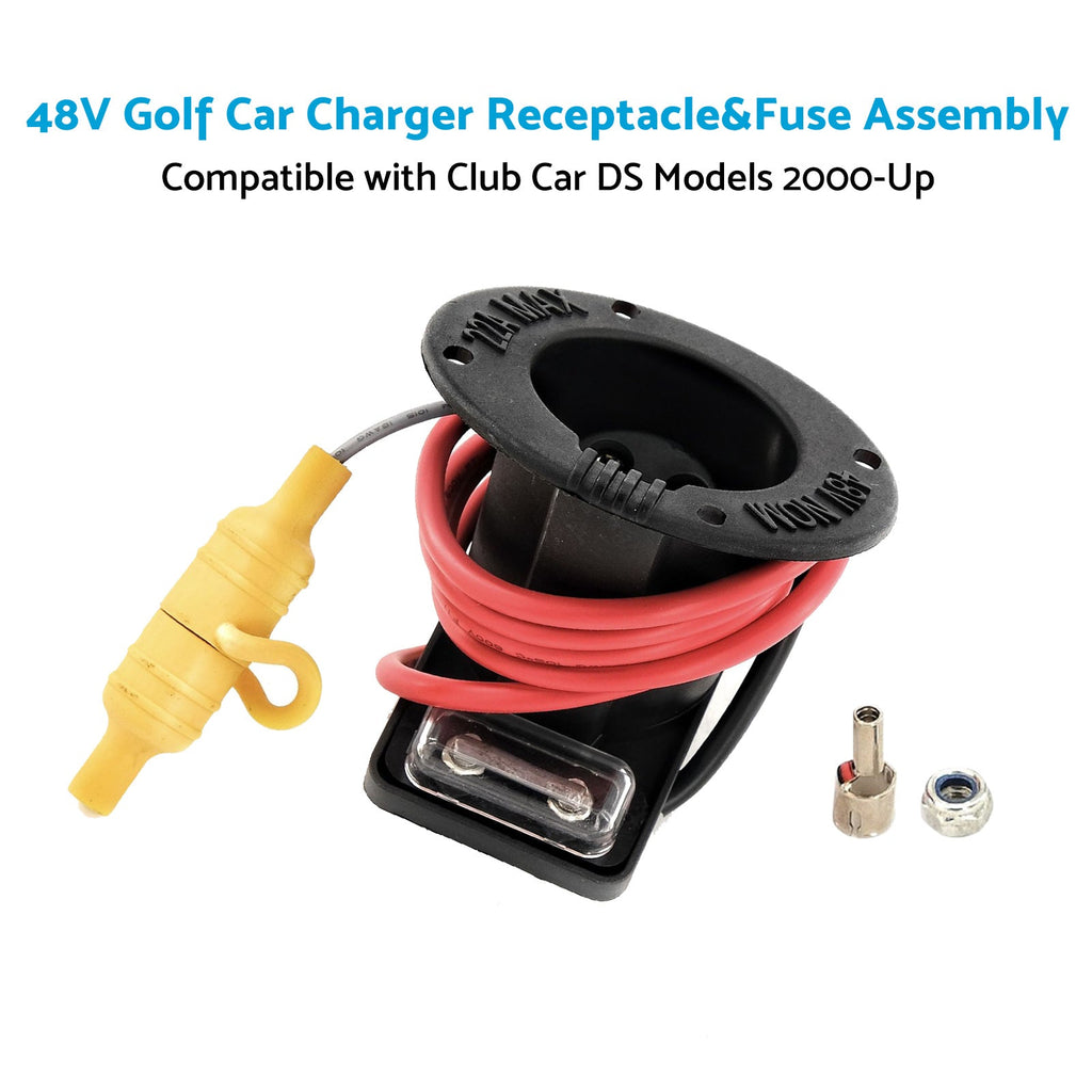 Black 48V golf cart charger receptacle and fuse assembly with wire connector and metal terminals — view 2