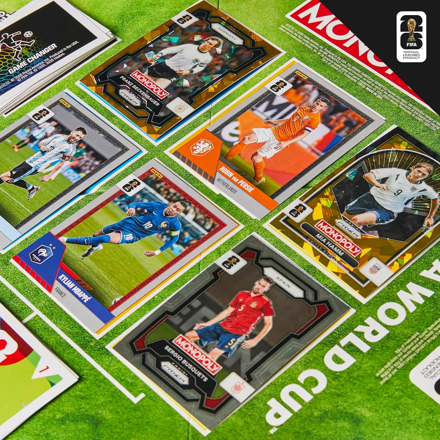 Monopoly FIFA board game box with football trading cards, dice, and player tokens on display — view 3