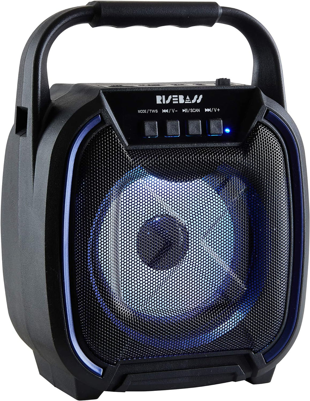 8-inch wireless Bluetooth speaker in black with colorful LED lights and portable carrying handle