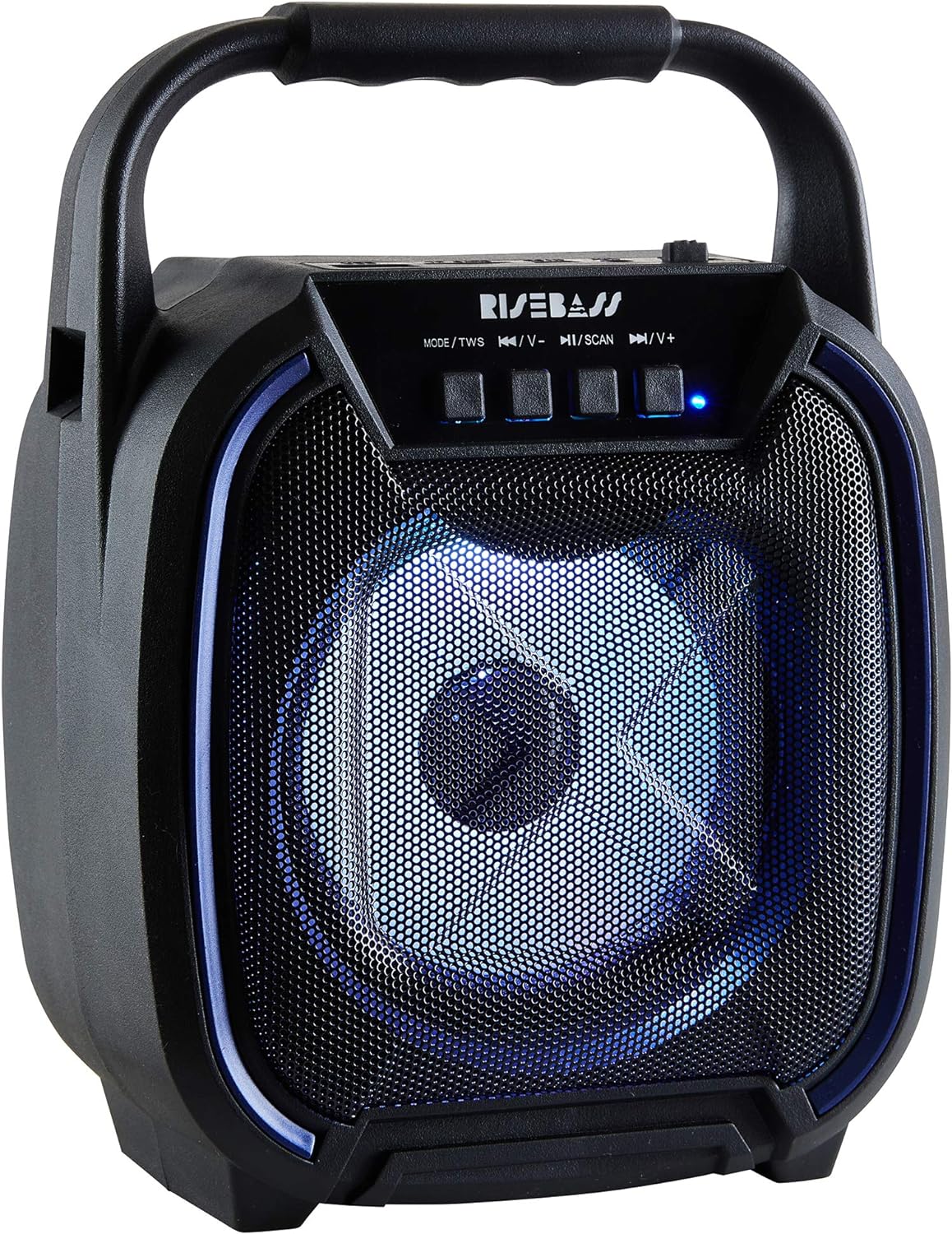 8-inch wireless Bluetooth speaker in black with colorful LED lights and portable carrying handle