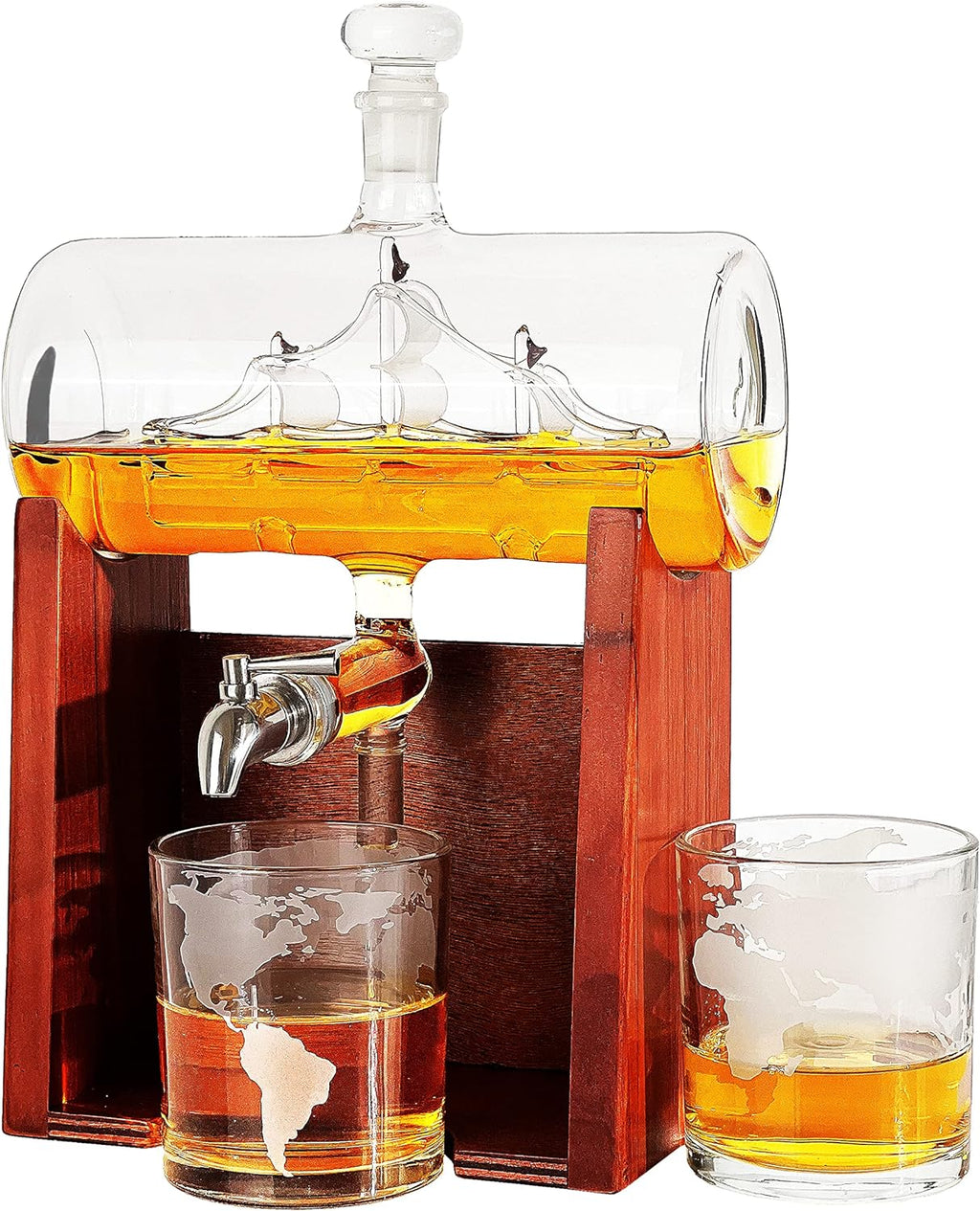 Whiskey and wine ship decanter set with tasting glasses, stainless spigot, and mahogany wood stand — view 2