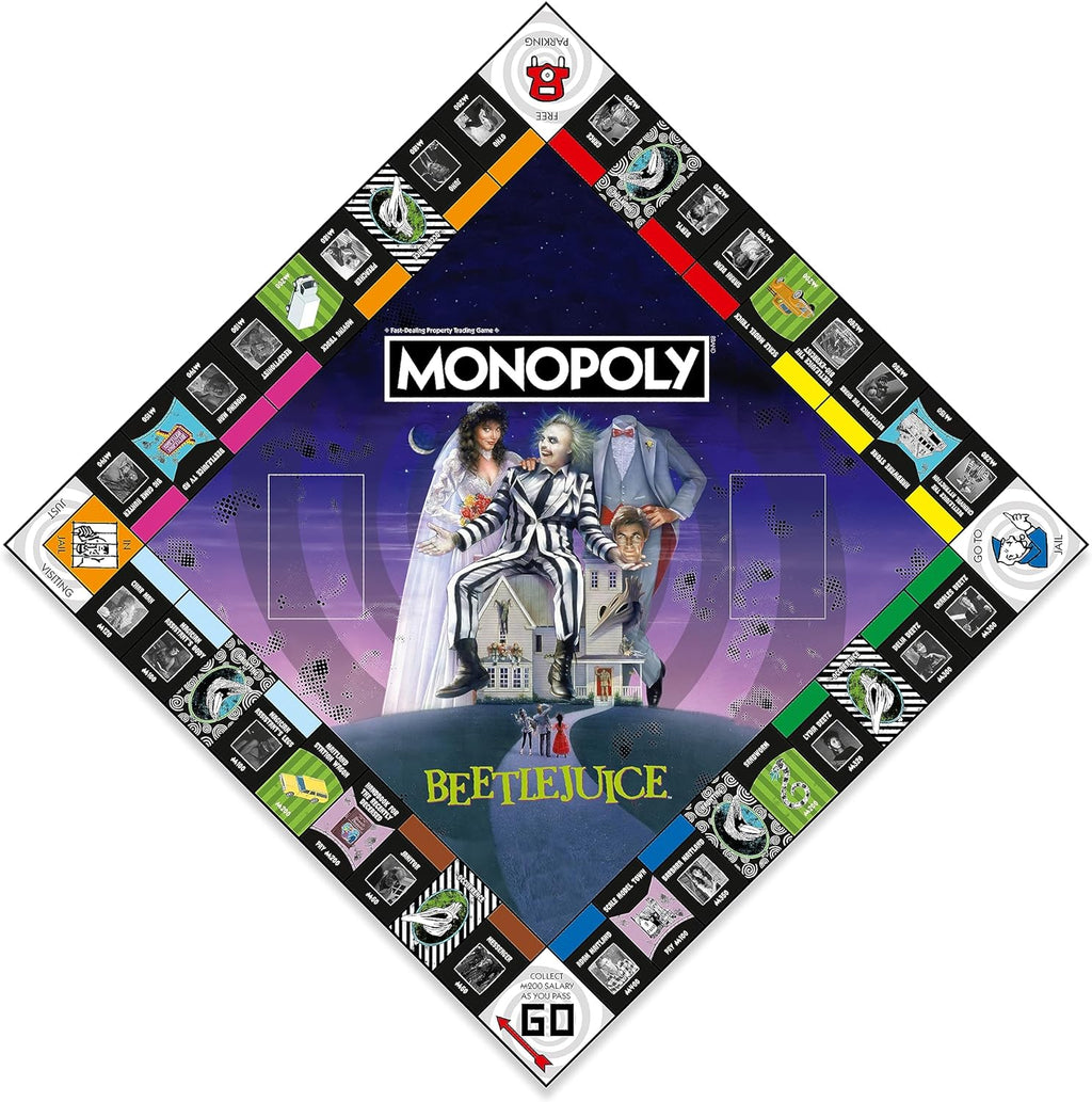Monopoly Beetlejuice board game box featuring iconic green theme character illustrations and custom playing pieces — view 3