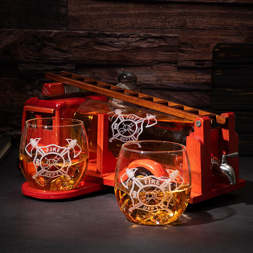 Hand-blown glass firetruck whiskey decanter set with two etched fire department glasses — view 2