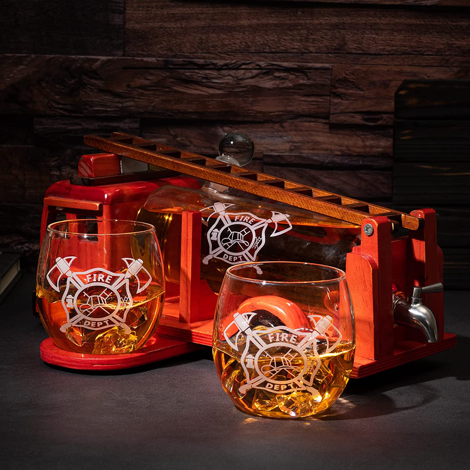 Hand-blown glass firetruck whiskey decanter set with two etched fire department glasses — view 2