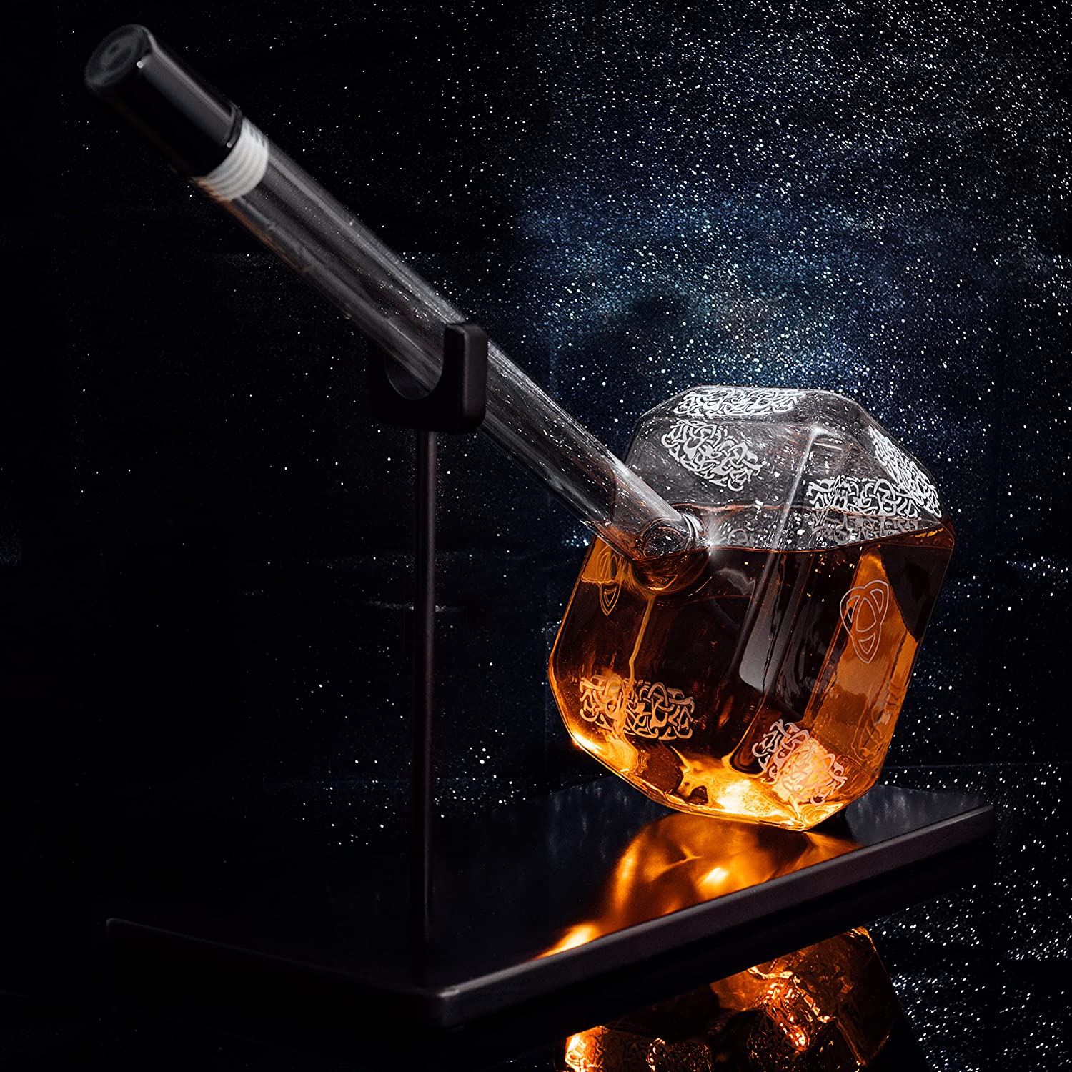 Clear hand-blown borosilicate glass Thor's hammer whiskey decanter for serving premium spirits at home. — view 4