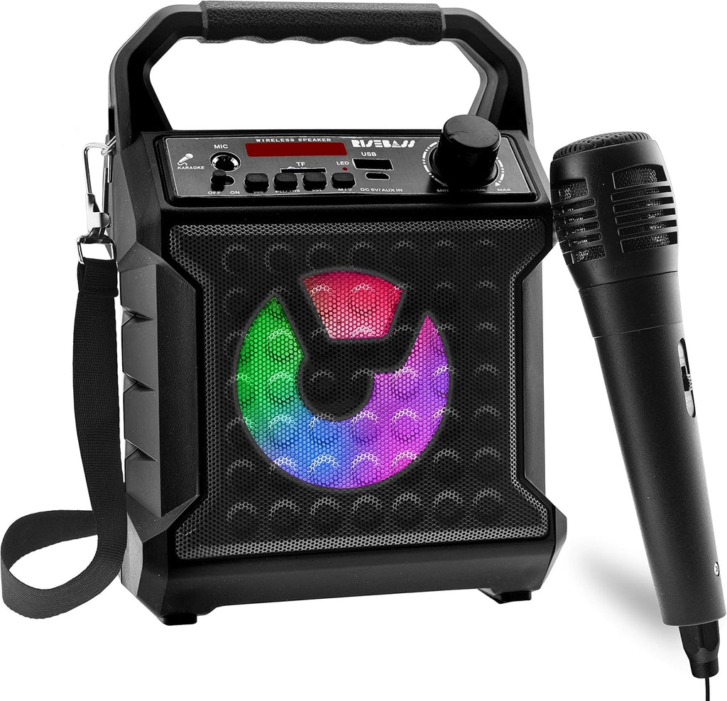 Kids portable wireless karaoke machine and wired microphone with colorful LED lights and carrying strap. — view 3