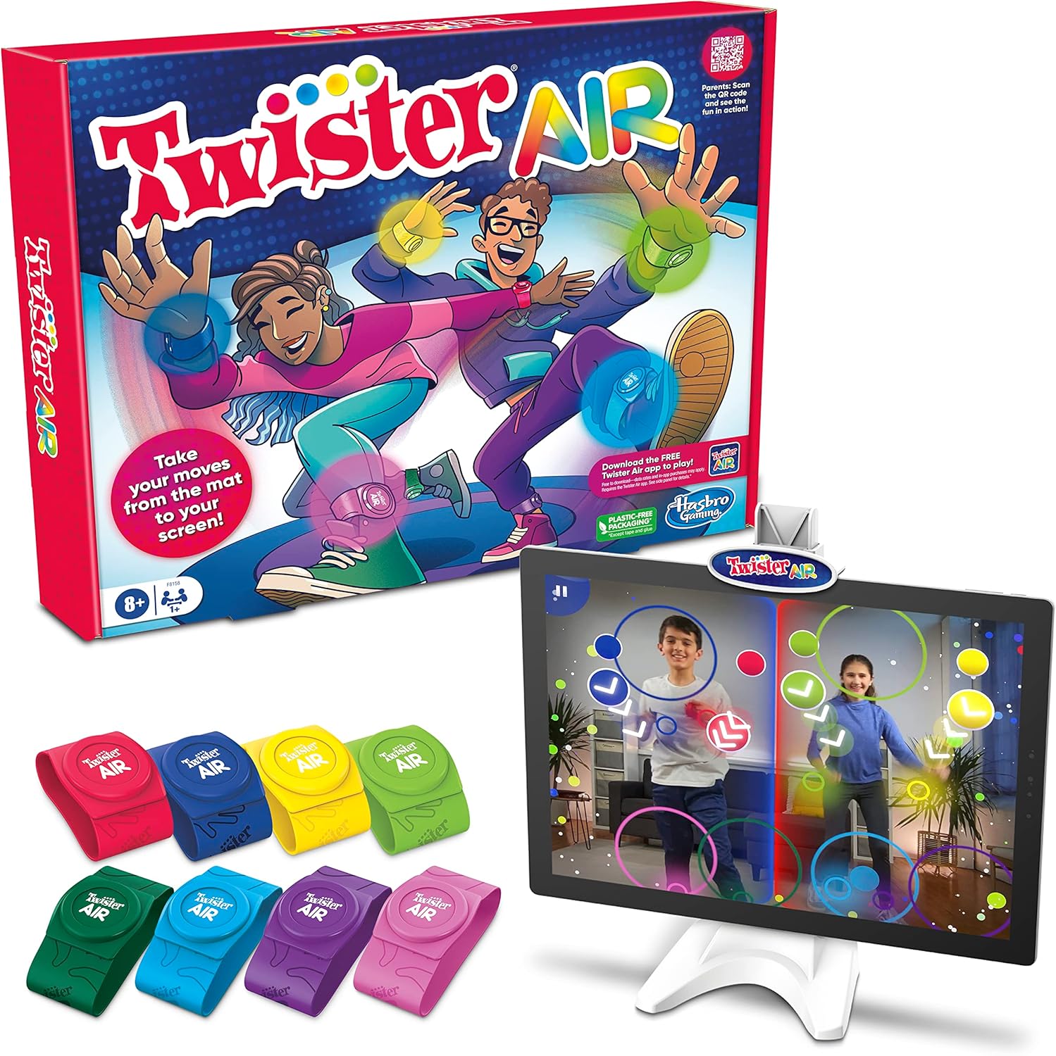 Twister Air party game with colourful wrist and ankle bands for augmented reality app play