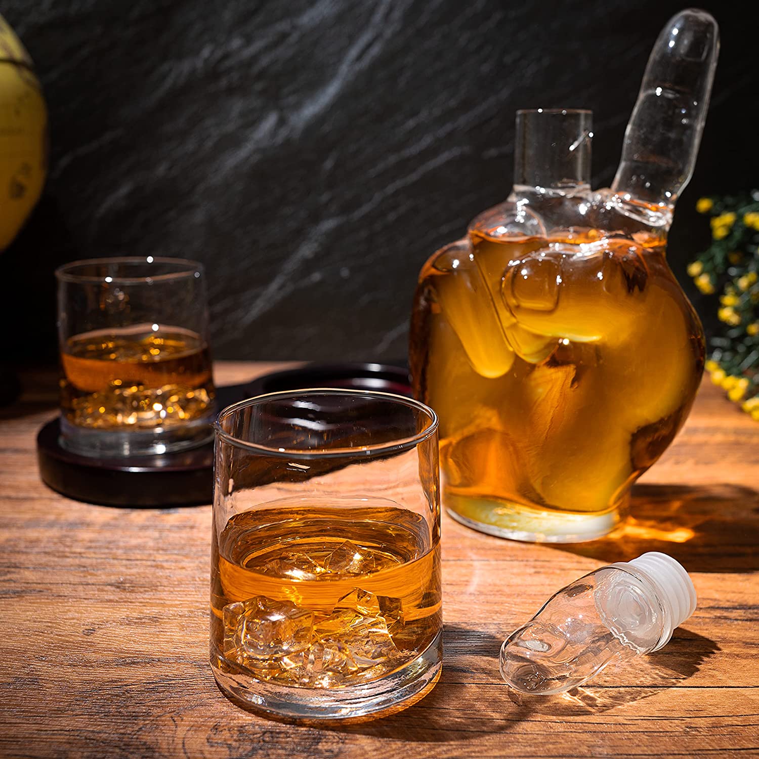 Peace sign wine and whiskey decanter crafted from clear glass for entertaining and home bars — view 3