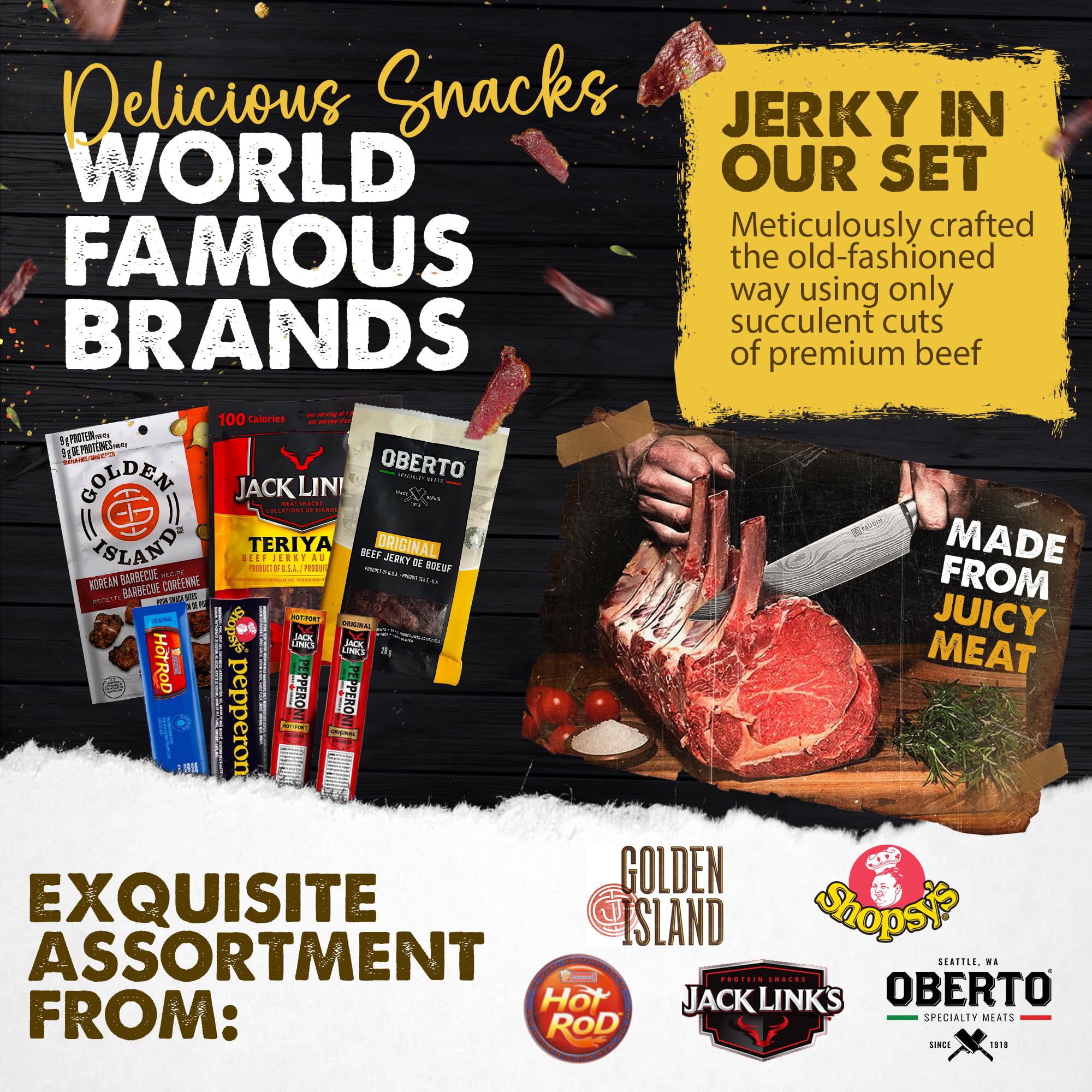 Gourmet meat snack box featuring an assortment of individually wrapped beef jerky and pepperette sticks — view 2