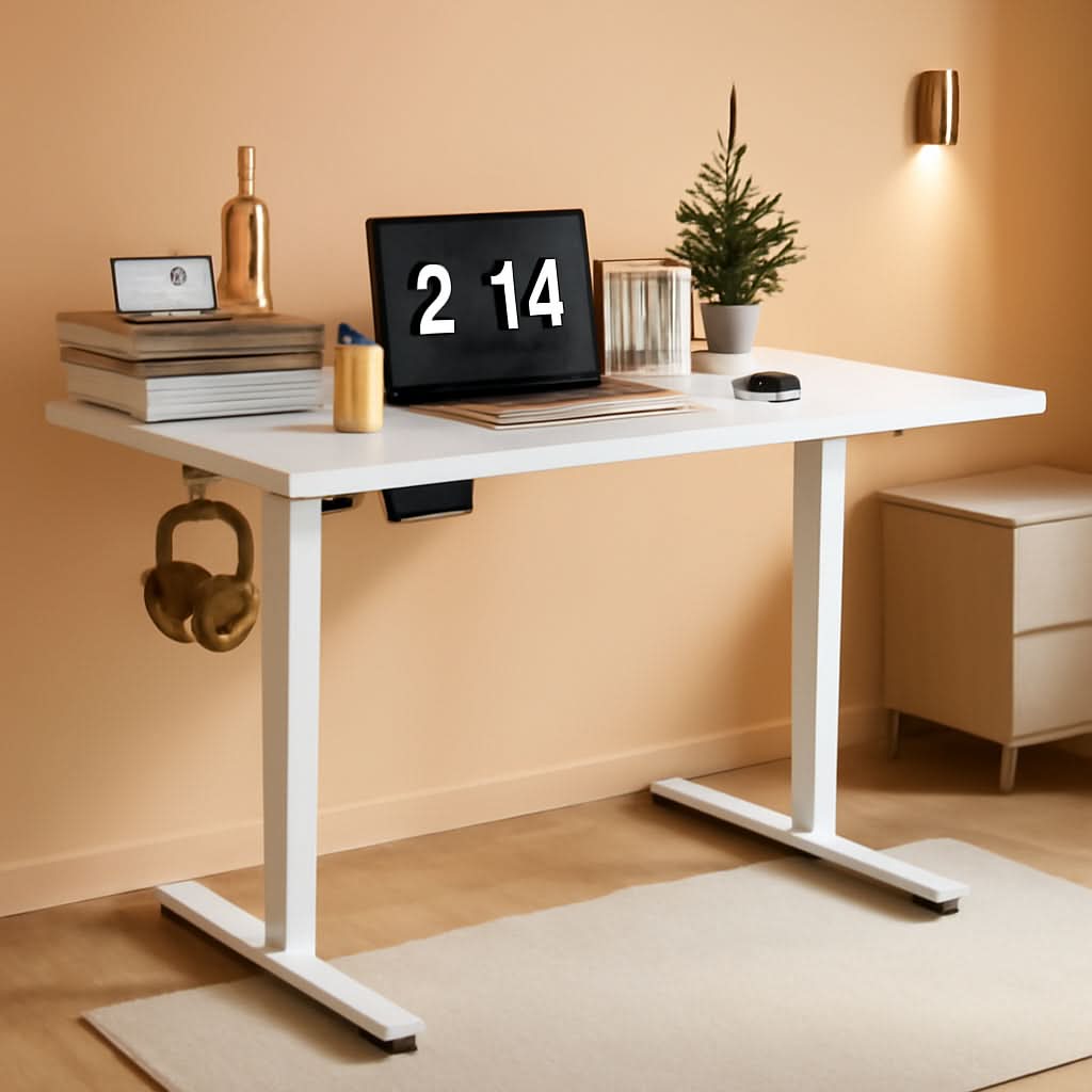 White electric adjustable height standing desk with solid steel frame and spacious 40x24 desktop.