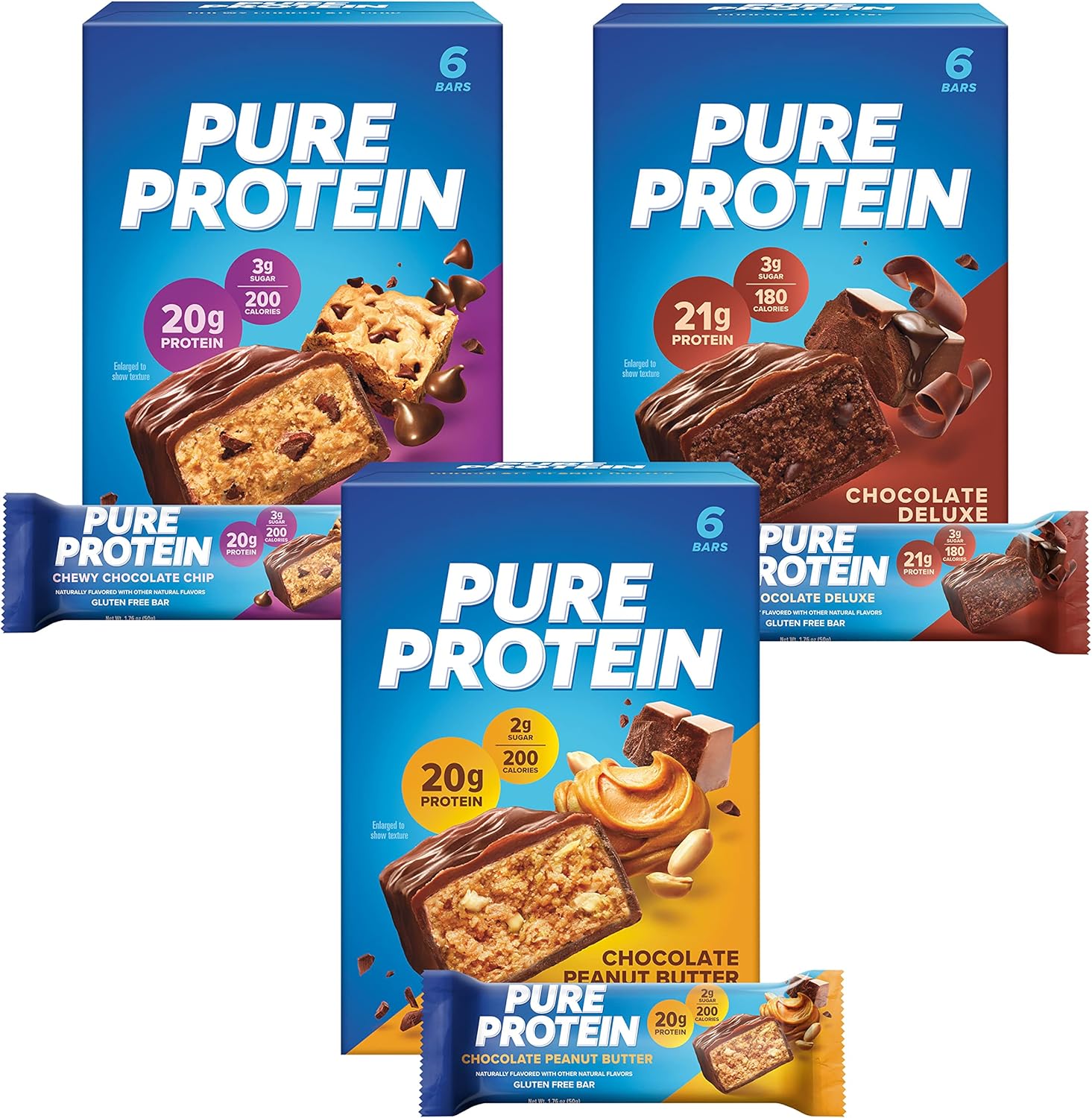Pure Protein bar variety pack box with eighteen assorted chocolate and peanut butter protein snacks