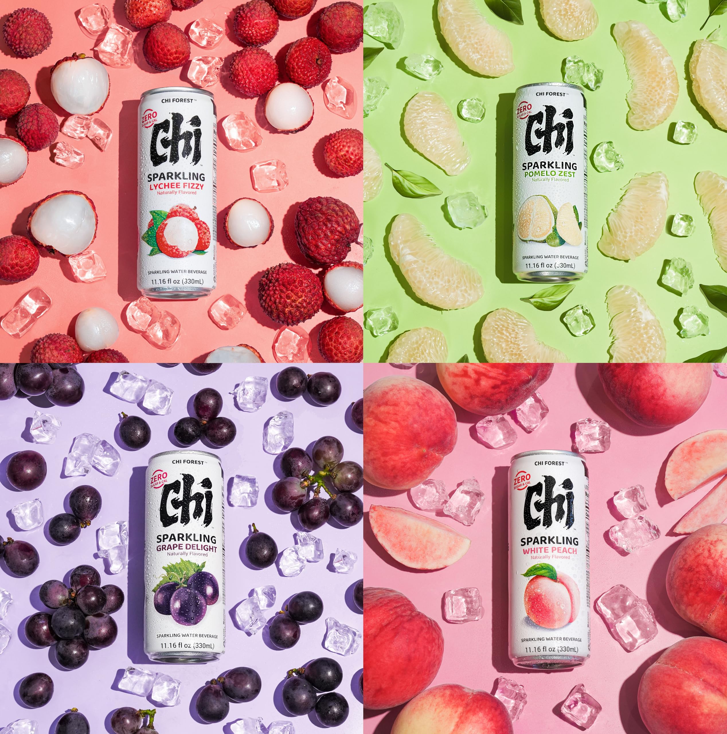 CHI FOREST zero sugar sparkling water 24 pack variety case showing four different fruit flavors — view 3