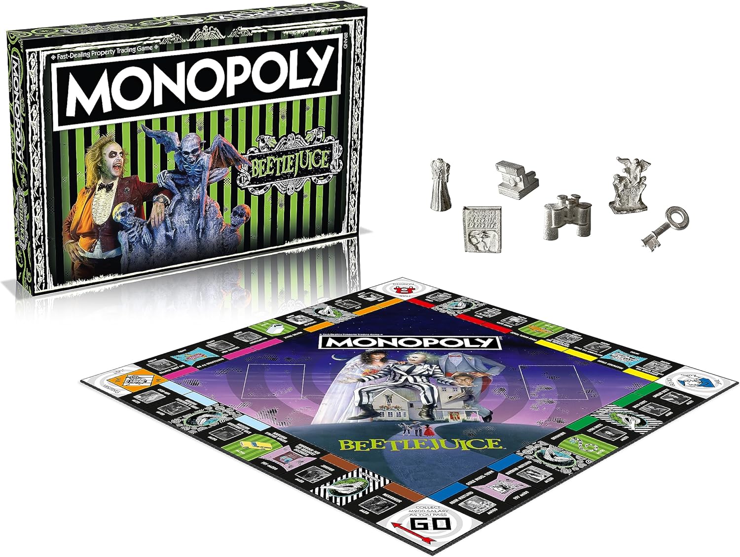 Monopoly Beetlejuice board game box featuring iconic green theme character illustrations and custom playing pieces — view 4