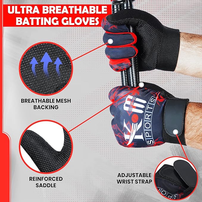 Blue cricket and baseball batting gloves with anti-slip leather palm grip and shock protection padding — view 3