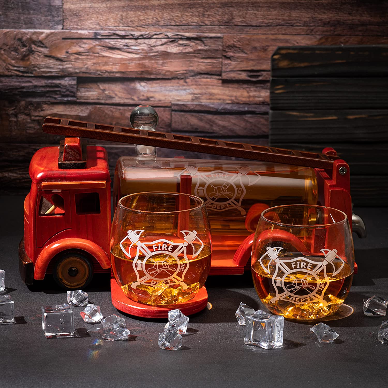 Hand-blown glass firetruck whiskey decanter set with two etched fire department glasses — view 3