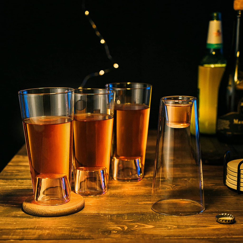 Set of four clear lead-free crystal double duty tall beer pint and shot glasses — view 4