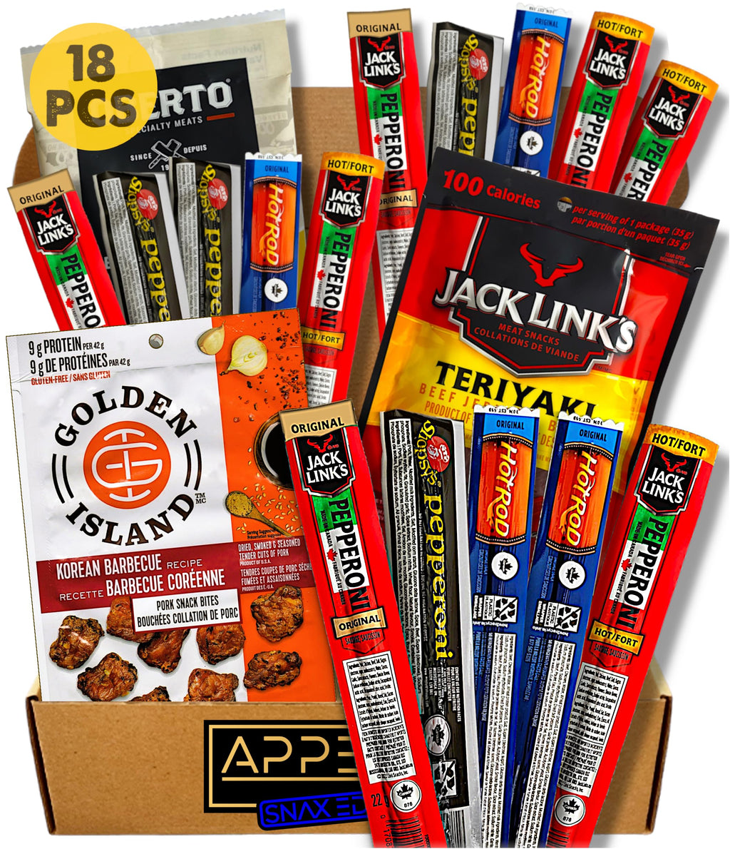 Gourmet meat snack box featuring an assortment of individually wrapped beef jerky and pepperette sticks