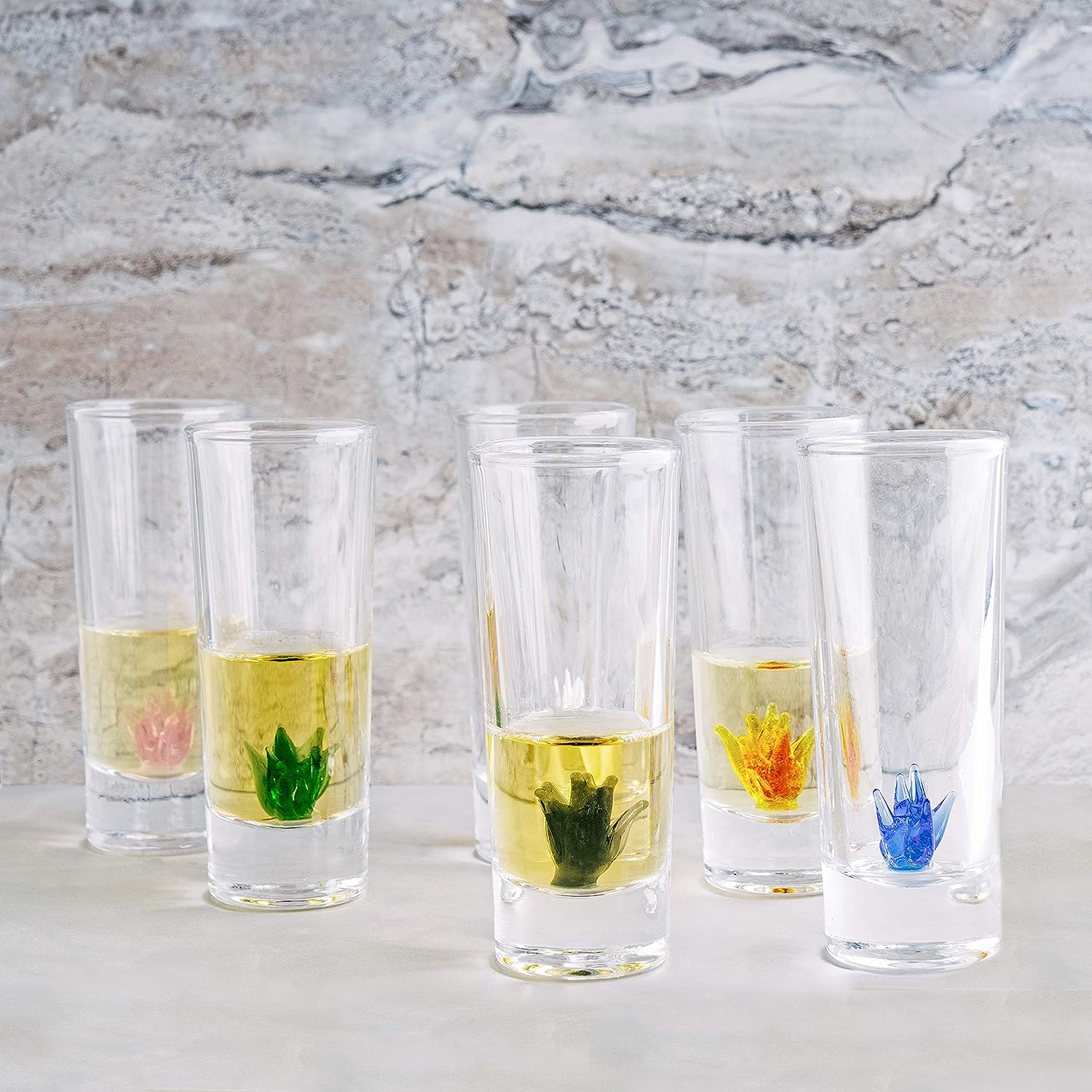 Artisan crafted glass tequila decanter with agave plant inside and six matching sipping shot glasses — view 4