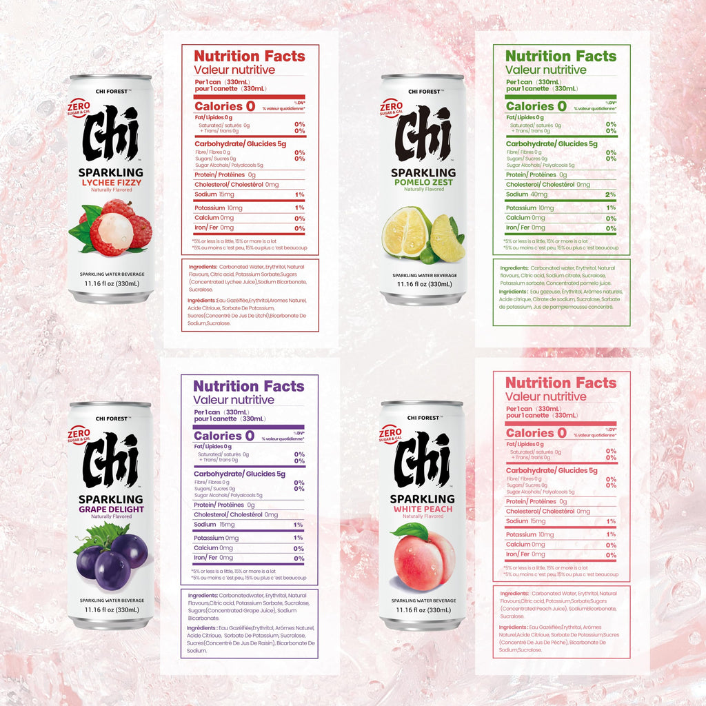 CHI FOREST zero sugar sparkling water 24 pack variety case showing four different fruit flavors — view 5