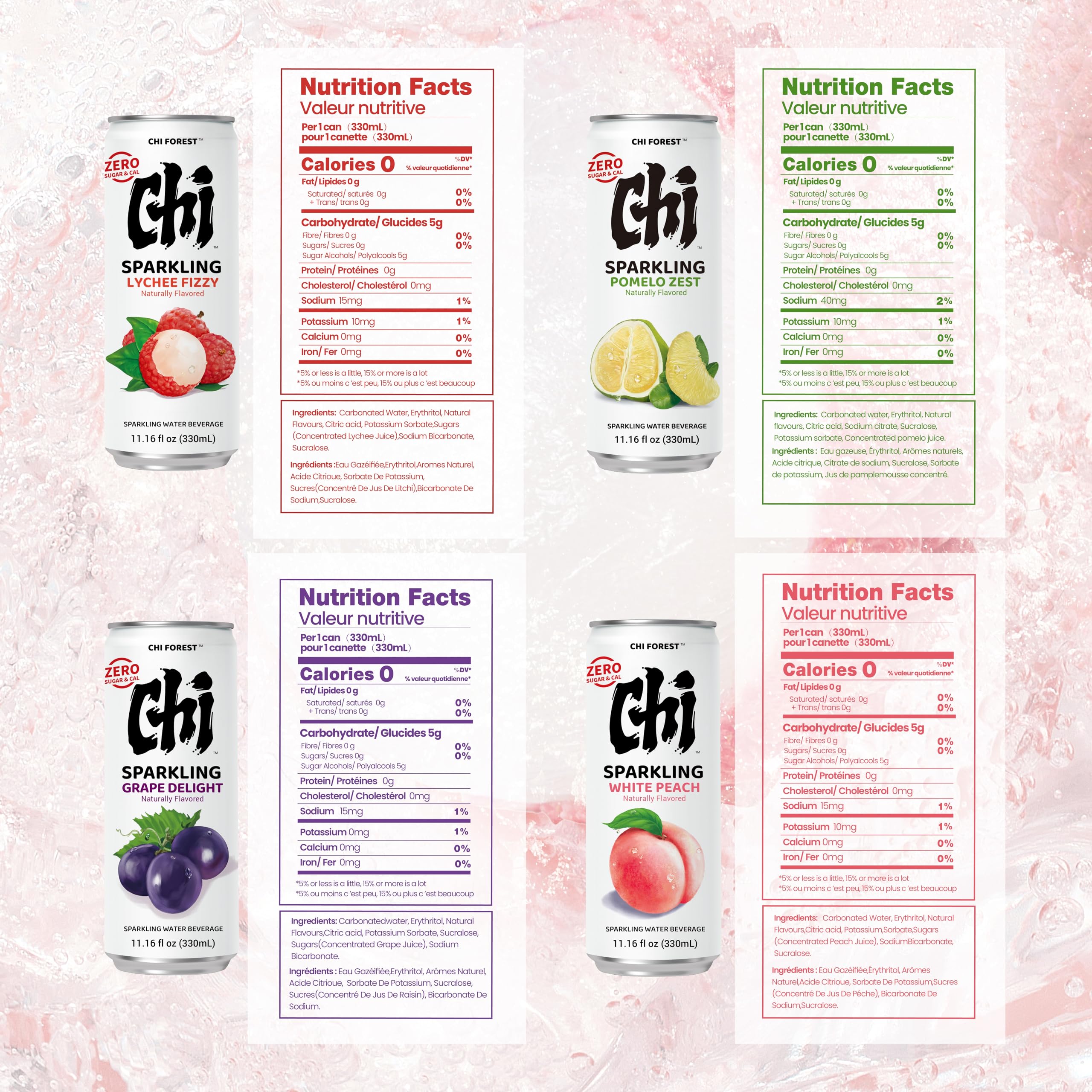 CHI FOREST zero sugar sparkling water 24 pack variety case showing four different fruit flavors — view 5