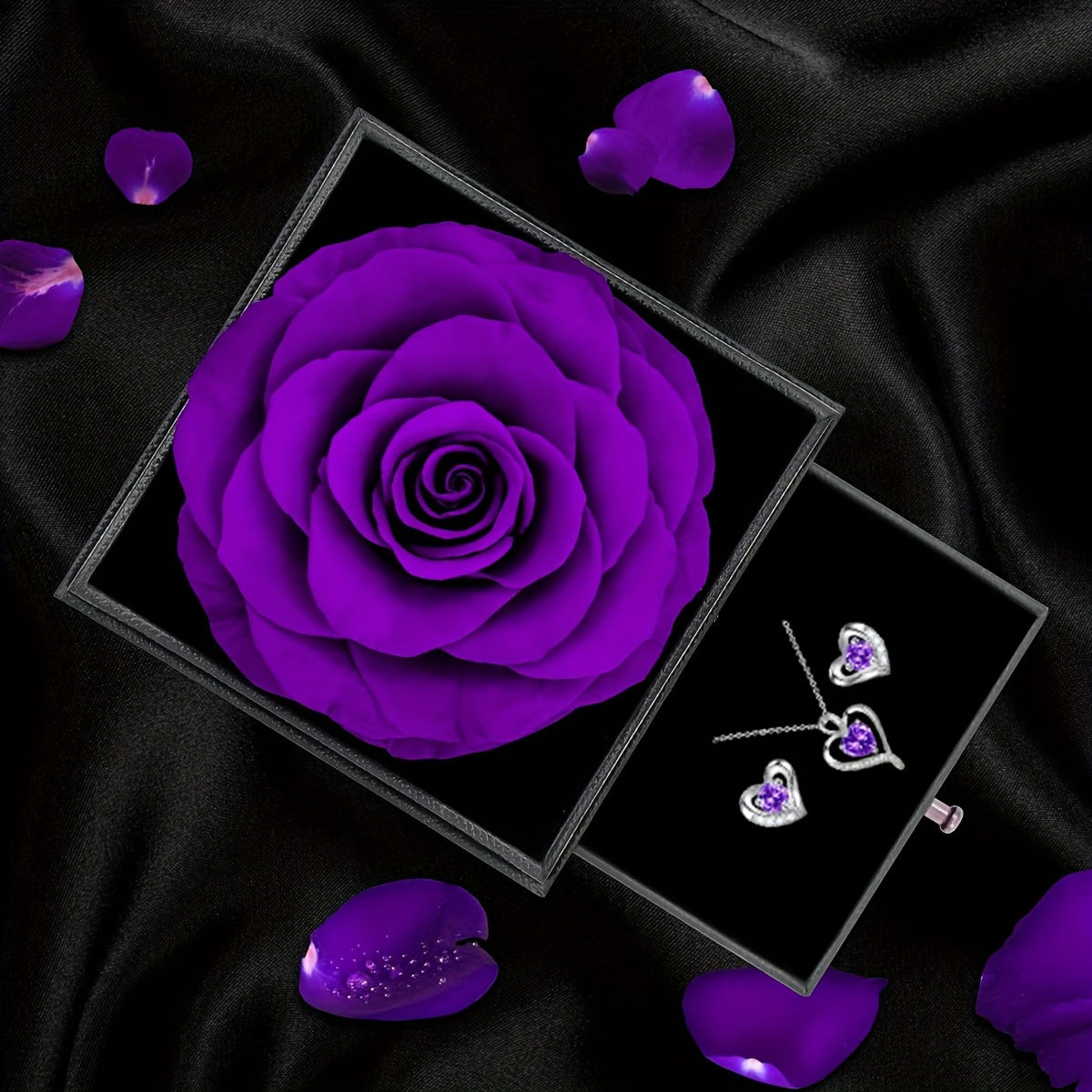 Elegant heart-shaped jewelry set featuring a necklace and earrings with purple cubic zirconia gemstones — view 5