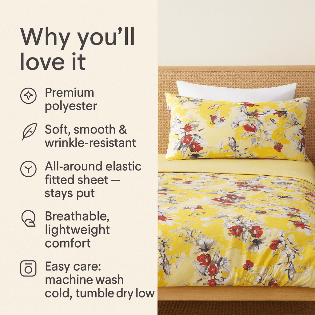 Sunshine yellow floral and hummingbird patterned bed sheets set with pillowcases on a comfortable mattress — view 4
