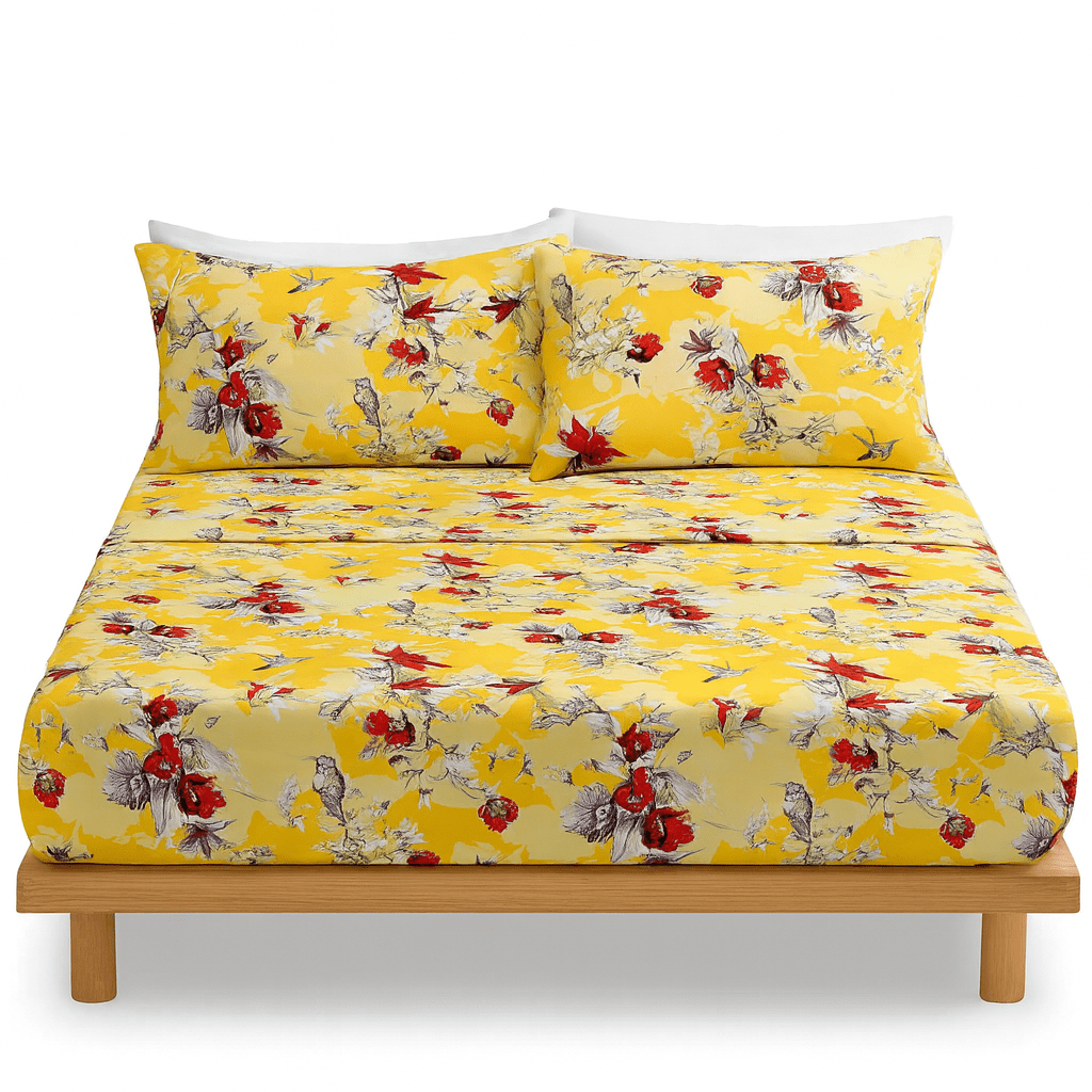Sunshine yellow floral and hummingbird patterned bed sheets set with pillowcases on a comfortable mattress — view 2