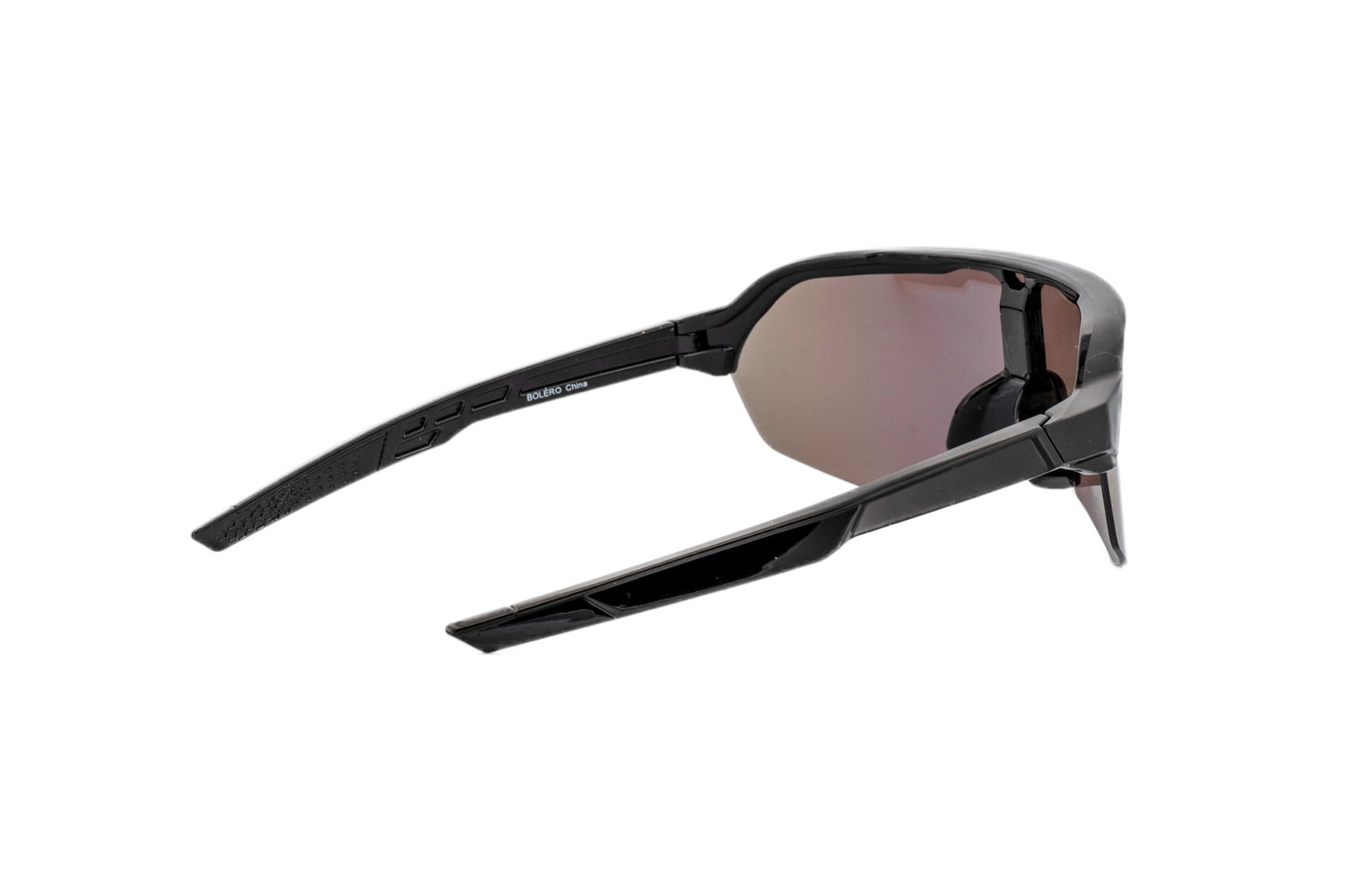 Black kids sport shield sunglasses with blue-green iridescent mirrored lenses and textured rubber grip temples — view 4
