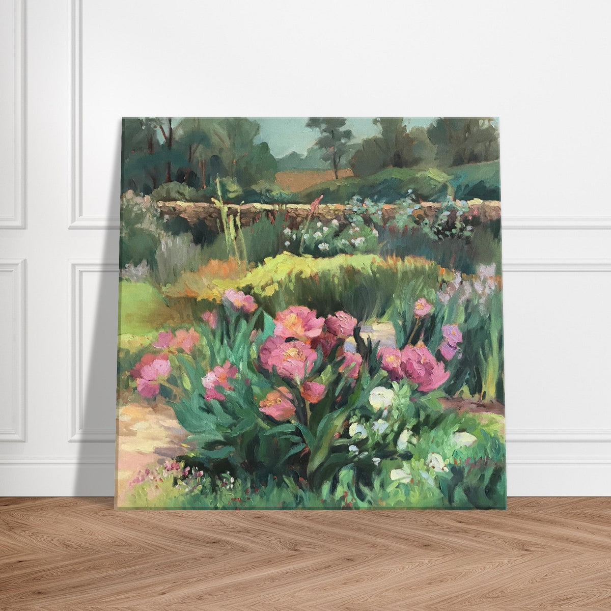 'Garden Peonies' Floral I 16x16 inch Art Print on Canvas I Original Artwork by American Artist Barbara Cleary-0