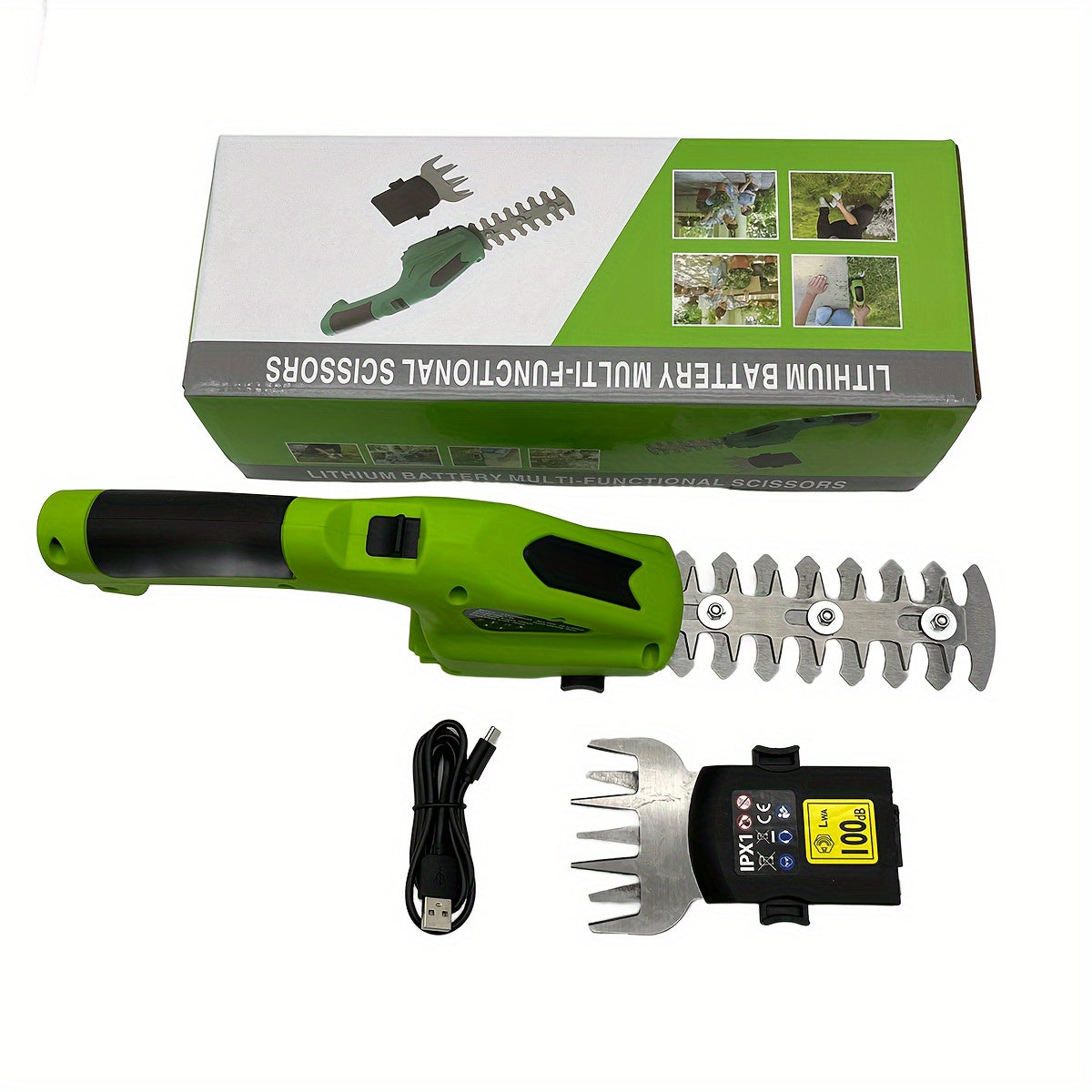 Green and black 2-in-1 rechargeable handheld hedge trimmer with metal pruning shears blades — view 2