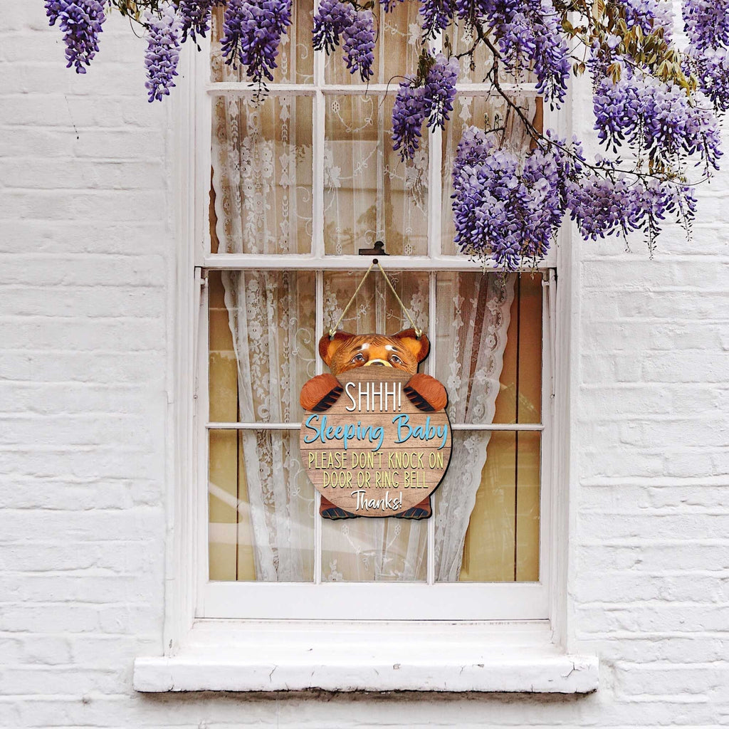 Handcrafted baby sleeping do not knock sign with attached hanging rope for front door decor — view 2