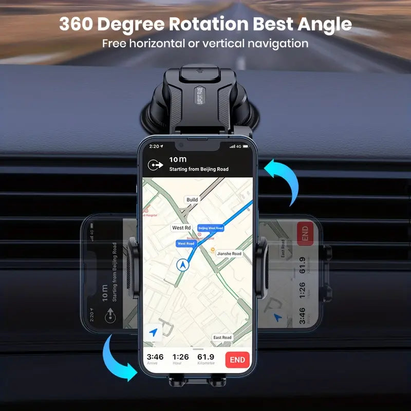 Black adjustable dashboard car phone holder securing a smartphone for hands-free driving navigation. — view 5